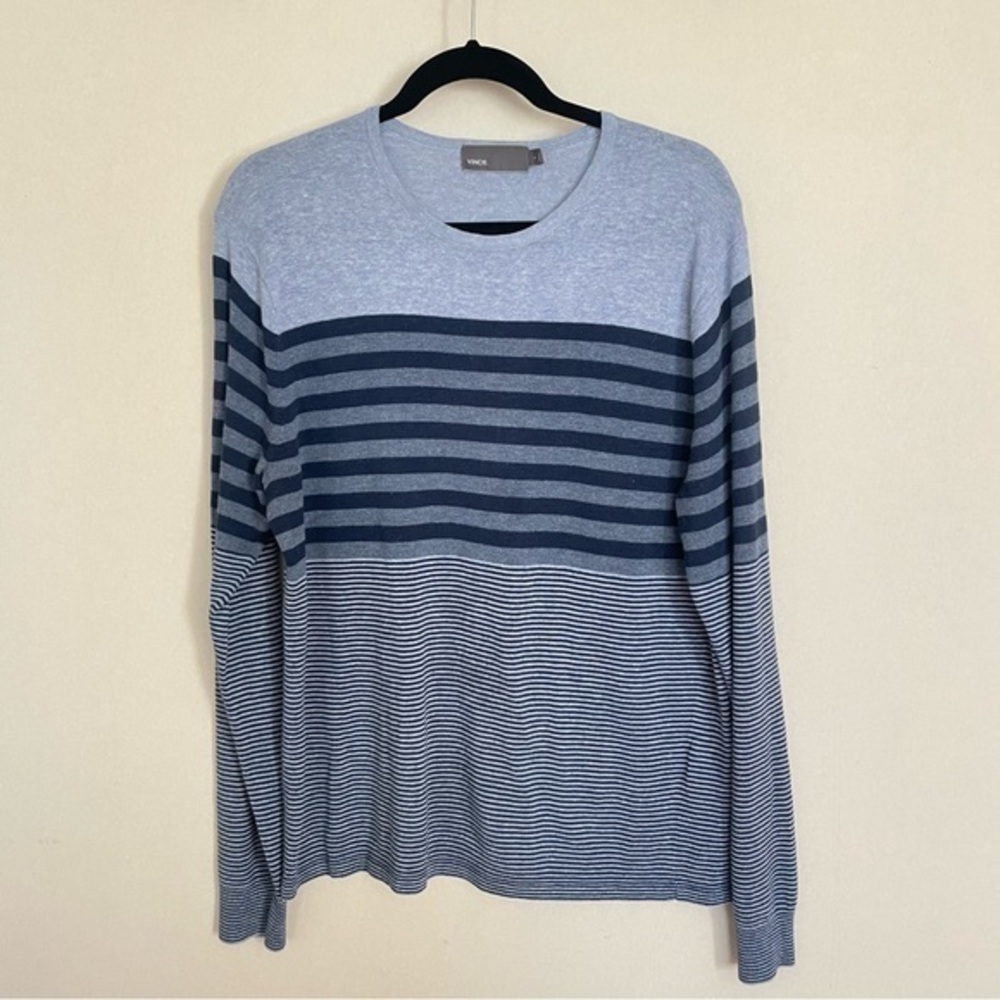 Vince Linen Blend Crew Neck Sweater Striped Heathered Blue Size L